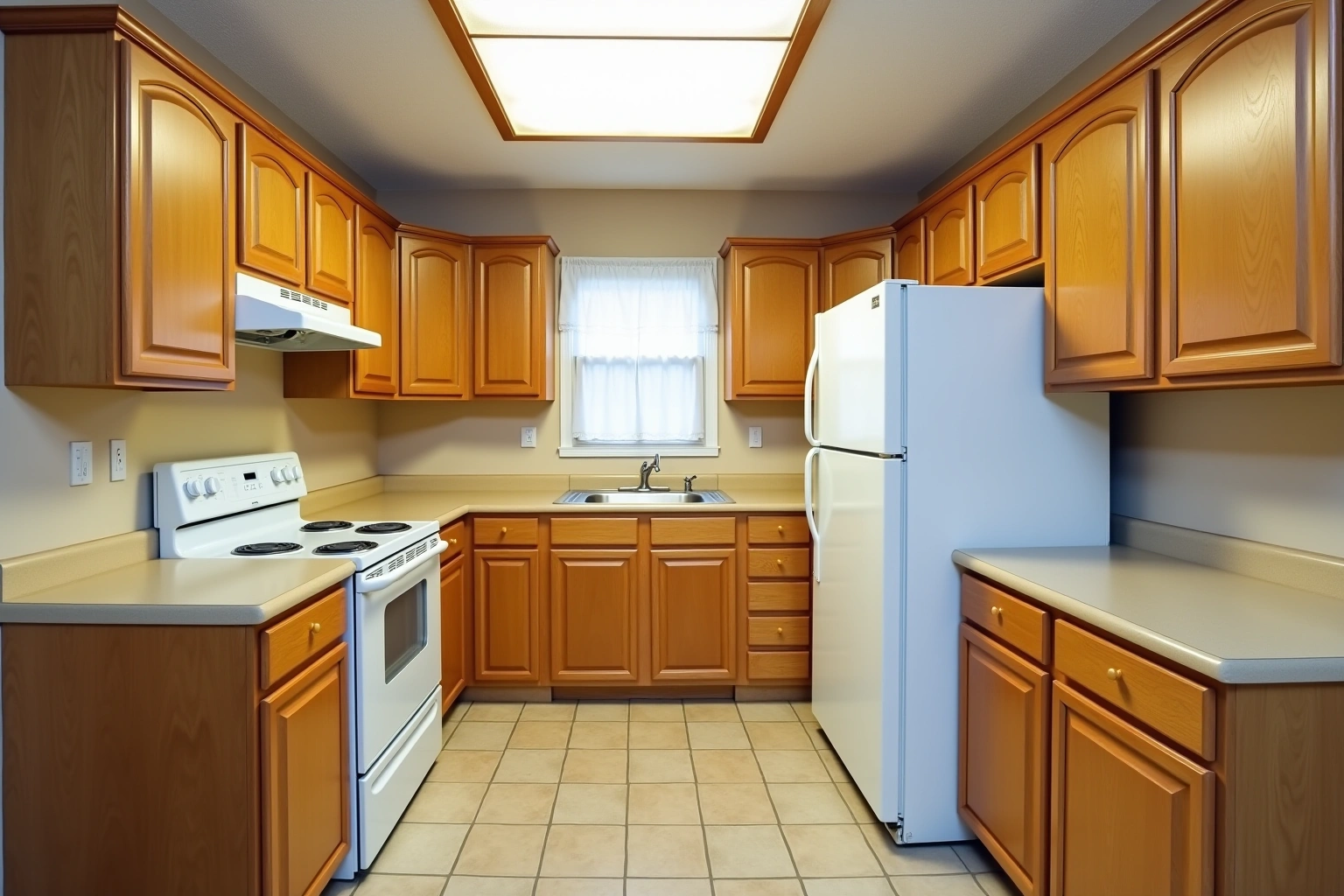 Dated U-shaped kitchen with honey oak arched raised-panel cabinets, almond laminate counters, white appliances and a fluorescent box light.