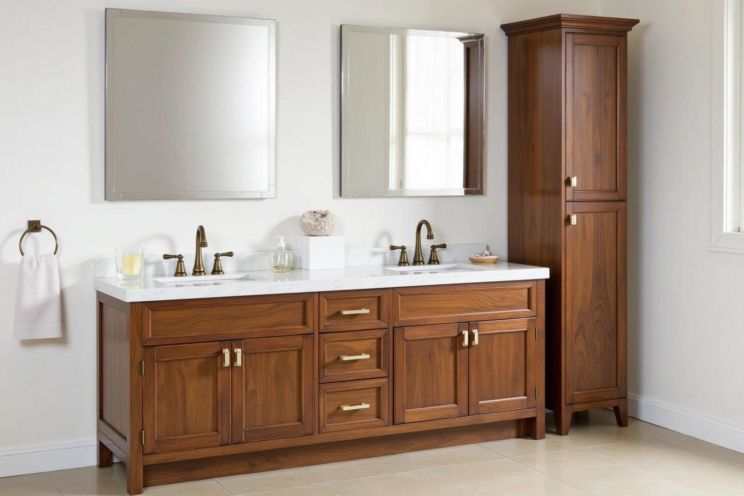 Walnut double vanity with a white marble top, two sinks, brass faucets and a tall matching linen cabinet.