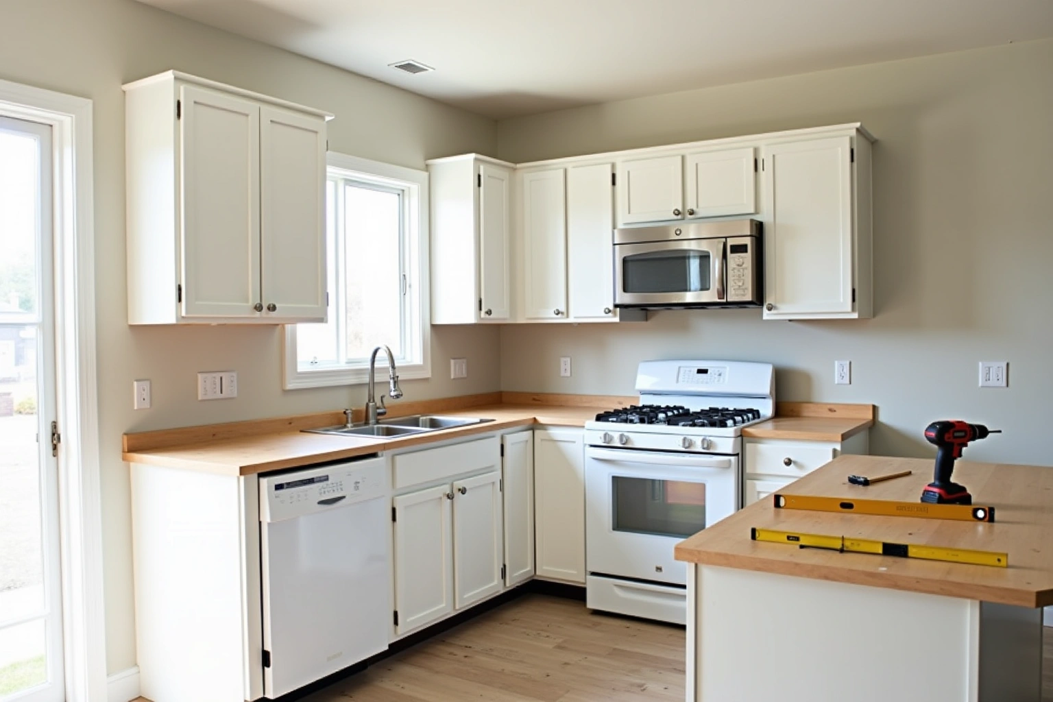 New-build kitchen with white shaker cabinets just set, wood counters, white appliances, a level and drill on the island.