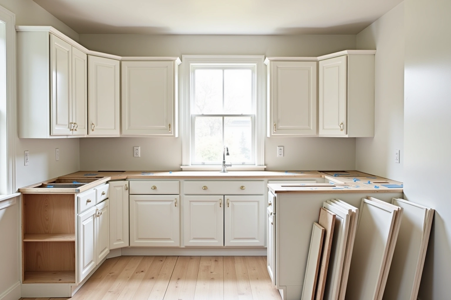 Kitchen mid-refacing: new white doors hung on most cabinets, one bare box and spare doors leaning against the wall.