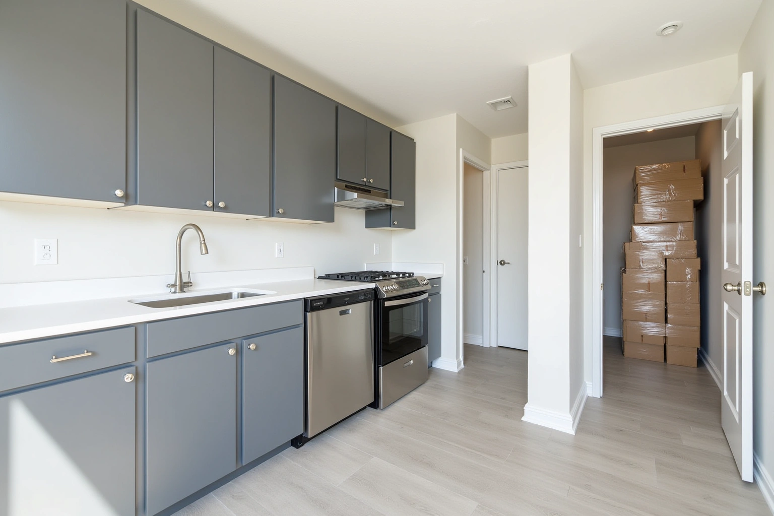 Apartment kitchen with grey flat-panel cabinets, white quartz counter and stainless appliances, wrapped cabinet boxes stacked through the doorway.