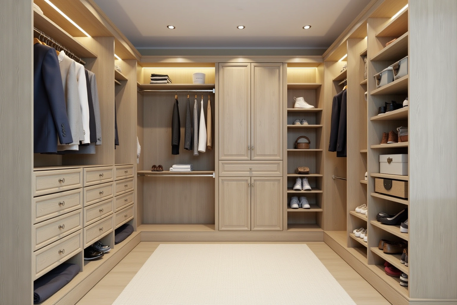 Walk-in closet in light oak veneer with hanging sections, a bank of drawers, shoe shelves and lit upper shelving.