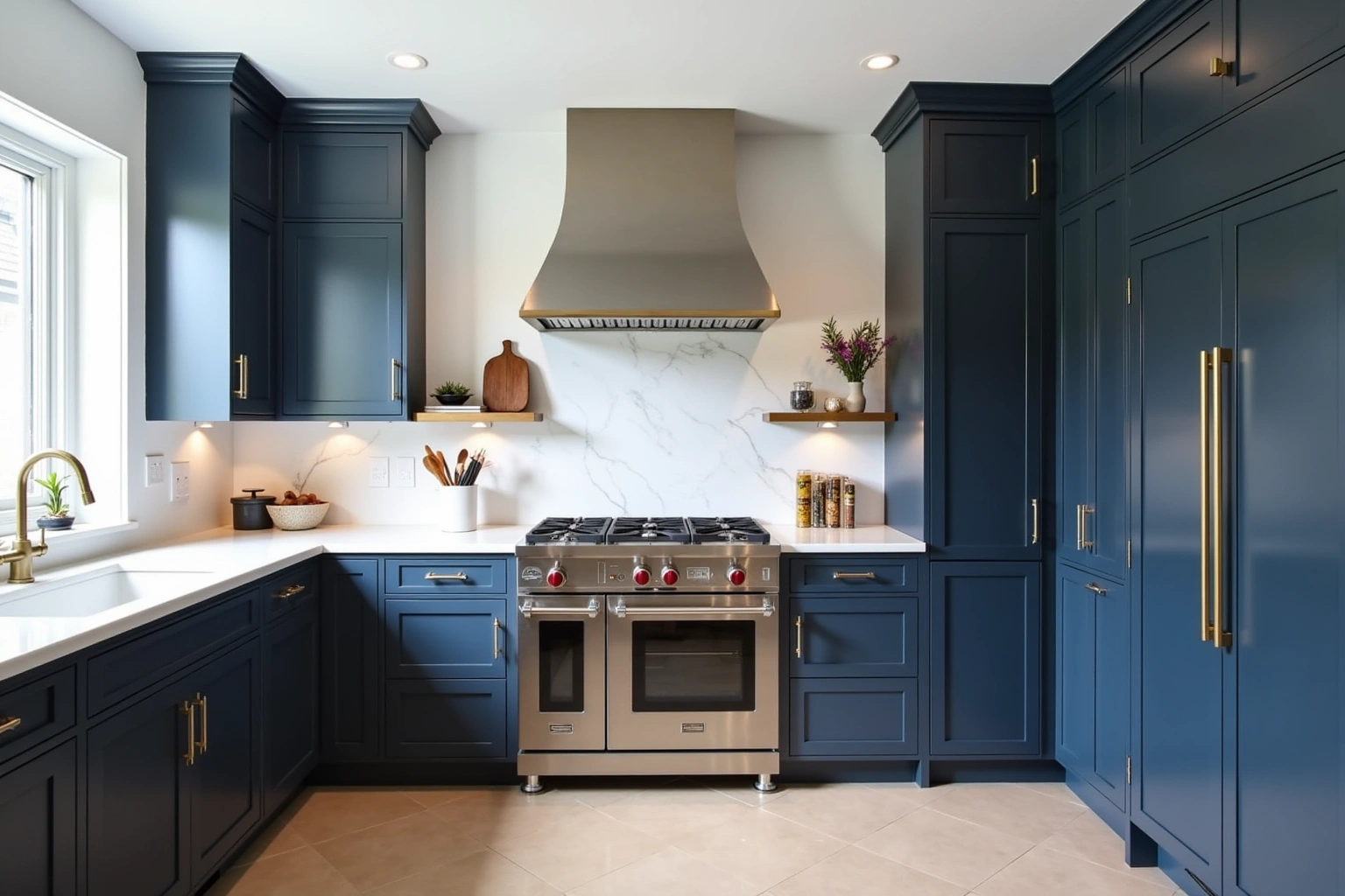 Deep navy floor-to-ceiling kitchen cabinets with brass hardware, a stainless range and hood, and a marble backsplash.
