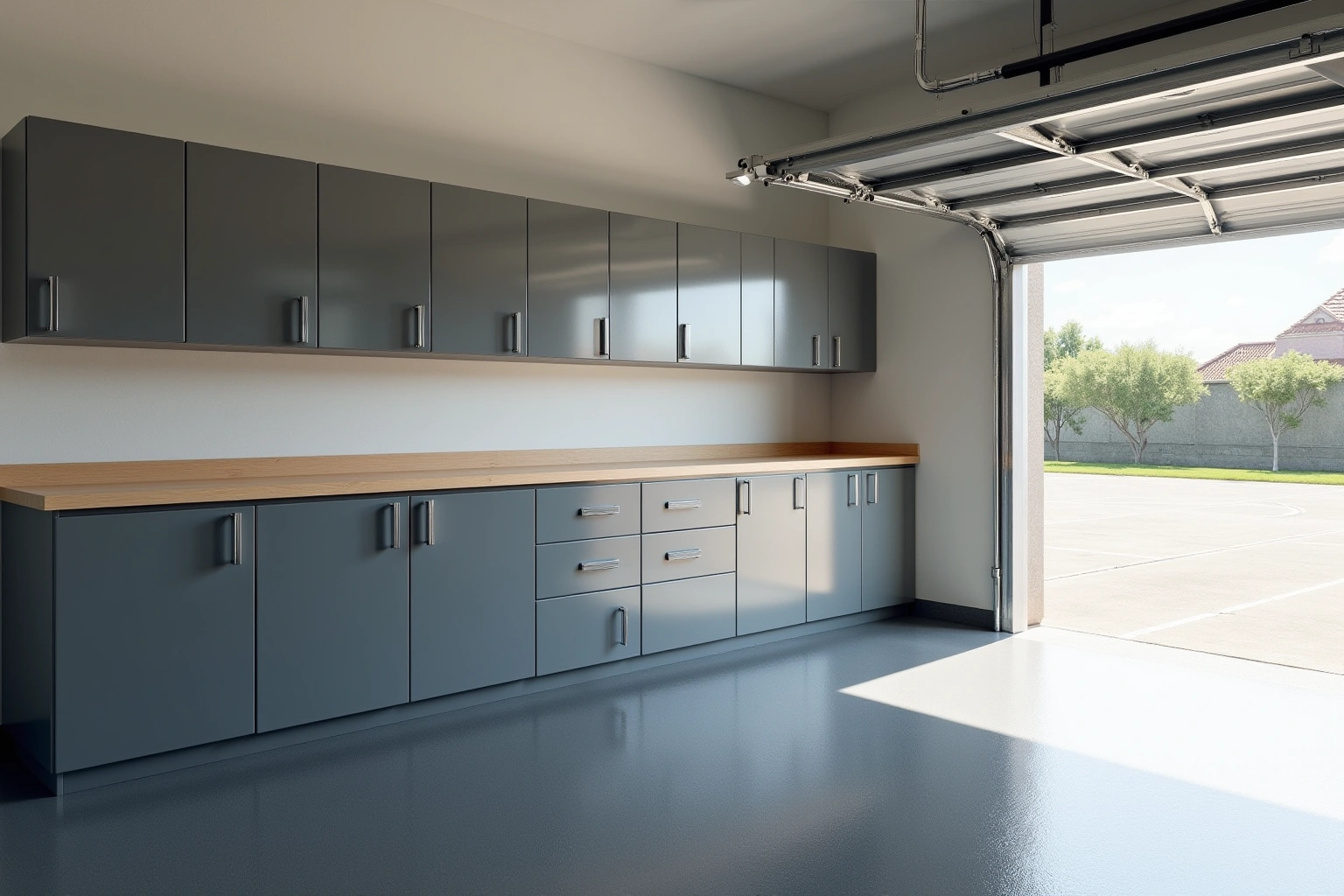 Grey steel garage cabinets with a wood workbench top over an epoxy floor, beside an open garage door.