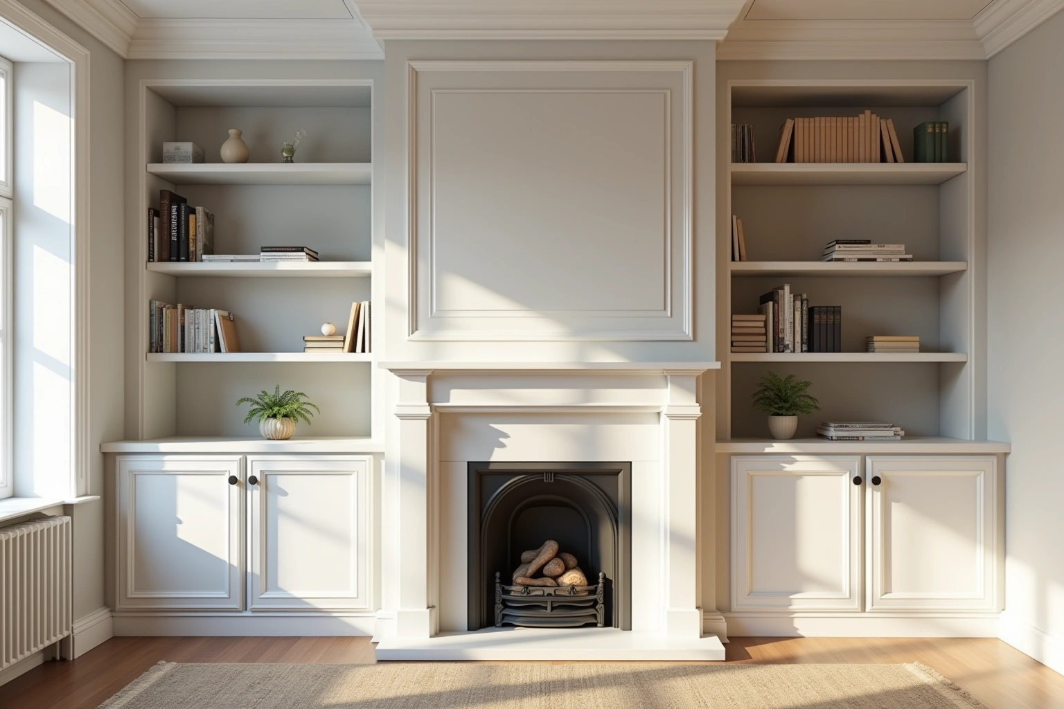 Warm white built-in bookcases and base cabinets flanking a painted fireplace surround, with books and plants on the shelves.