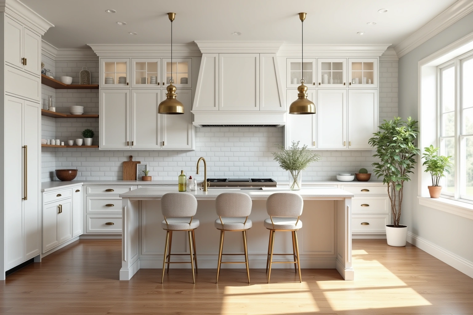 White shaker kitchen with glass-front uppers, brass pulls, a white island with three upholstered stools under two brass pendants.