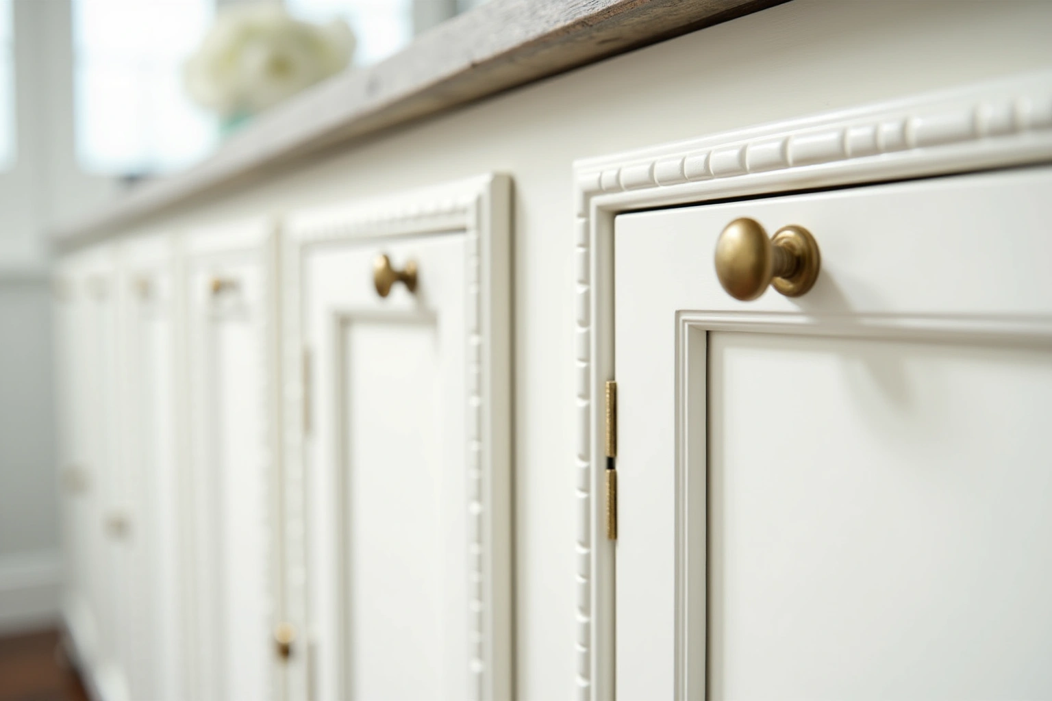 Close view of white painted inset cabinet doors with brass knobs and beaded face frames.