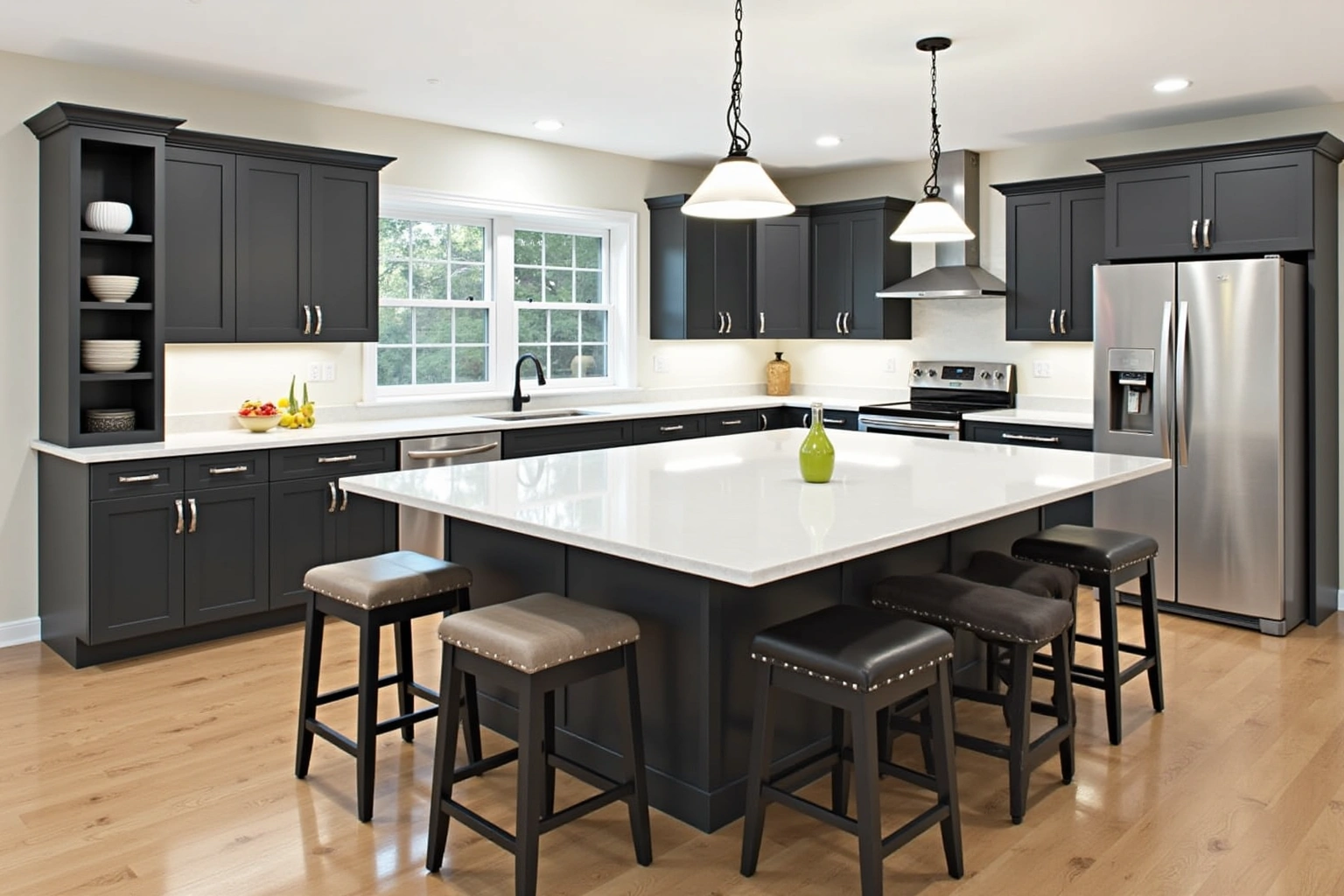 Large charcoal kitchen island with a white quartz top and six stools, under two pendant lights.
