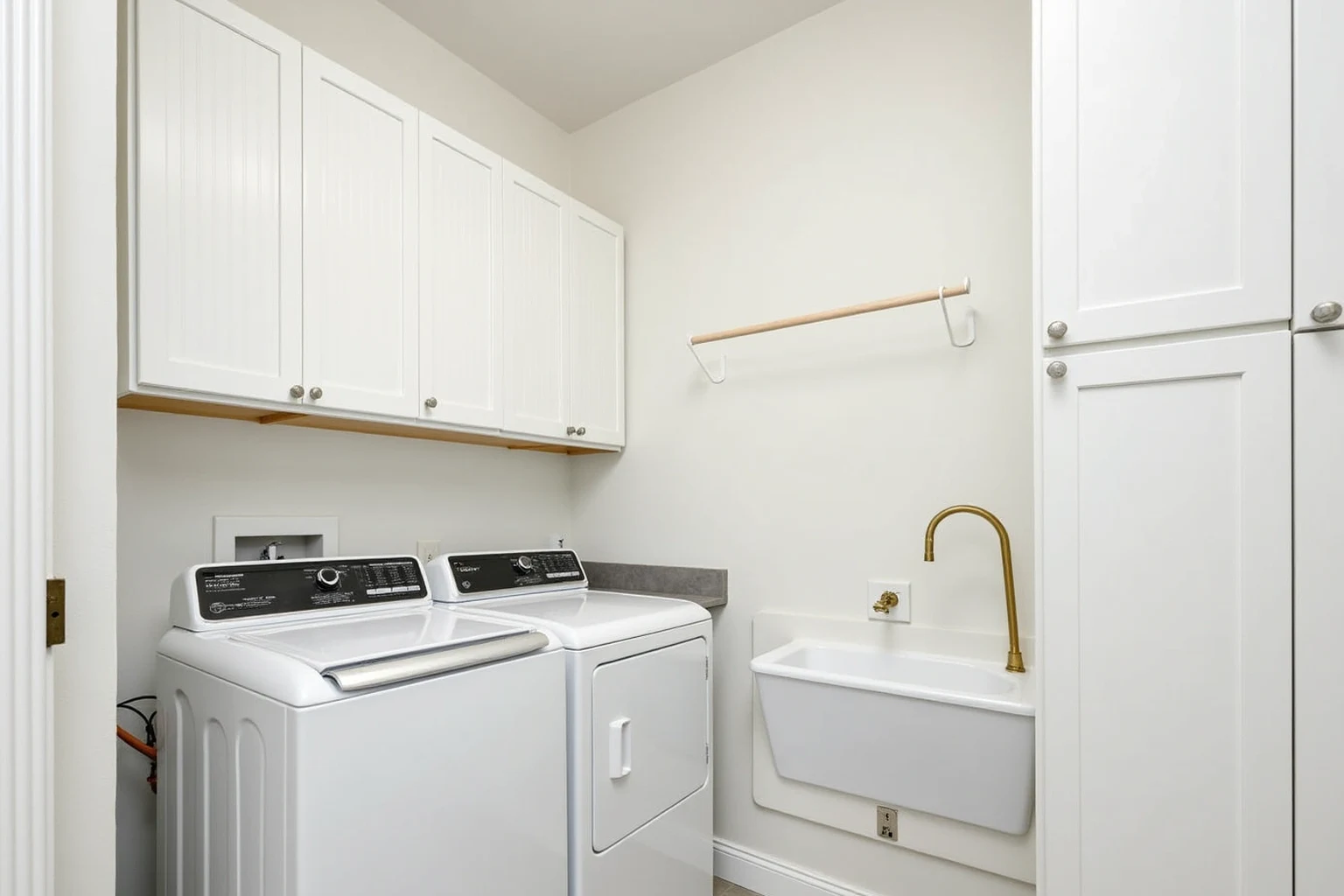 White laundry room cabinets above a top-load washer and dryer, with a tall cabinet and a brass-faucet utility sink.
