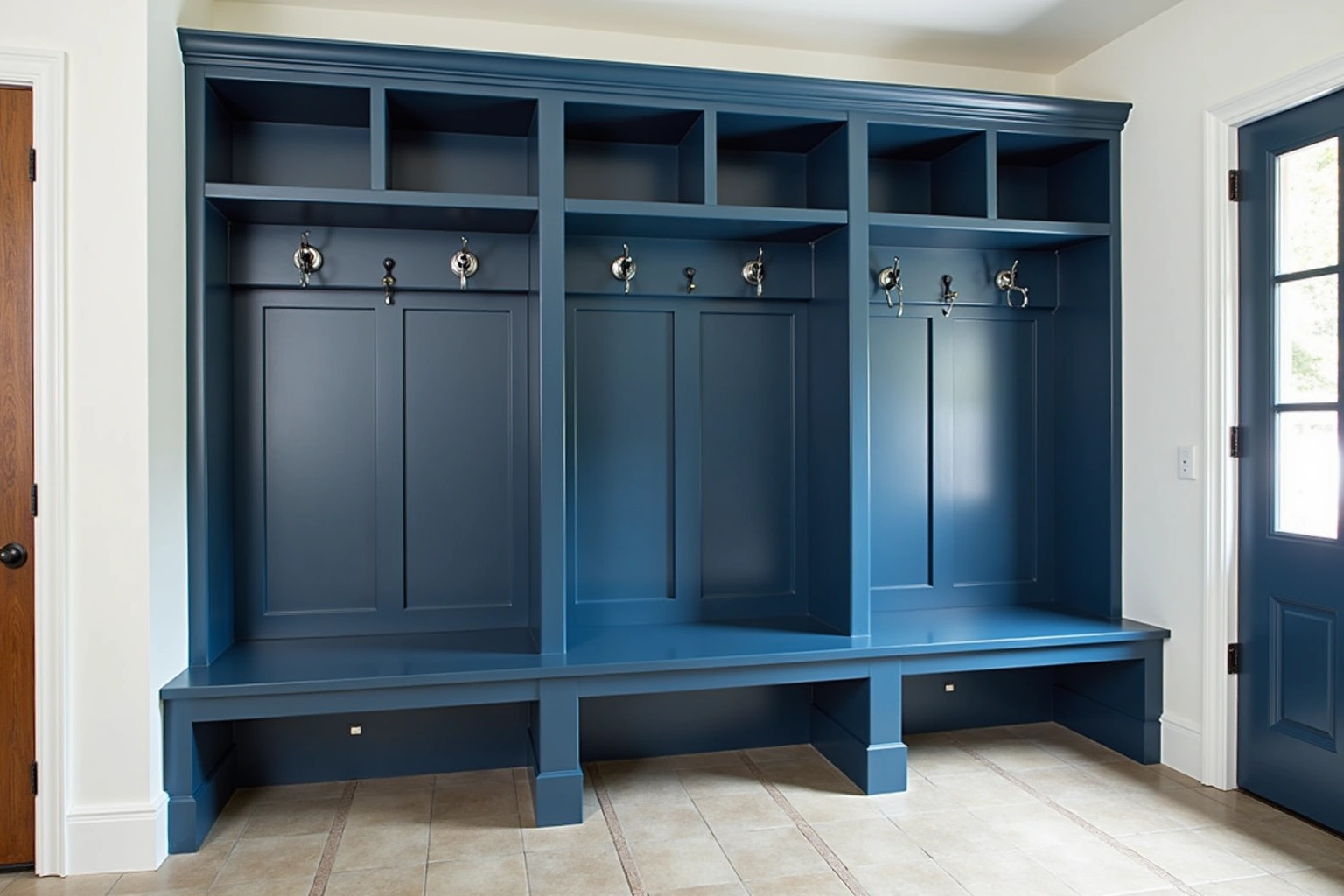 Three deep blue mudroom lockers with a shared bench, nickel hooks and open cubbies above, on a tile floor.
