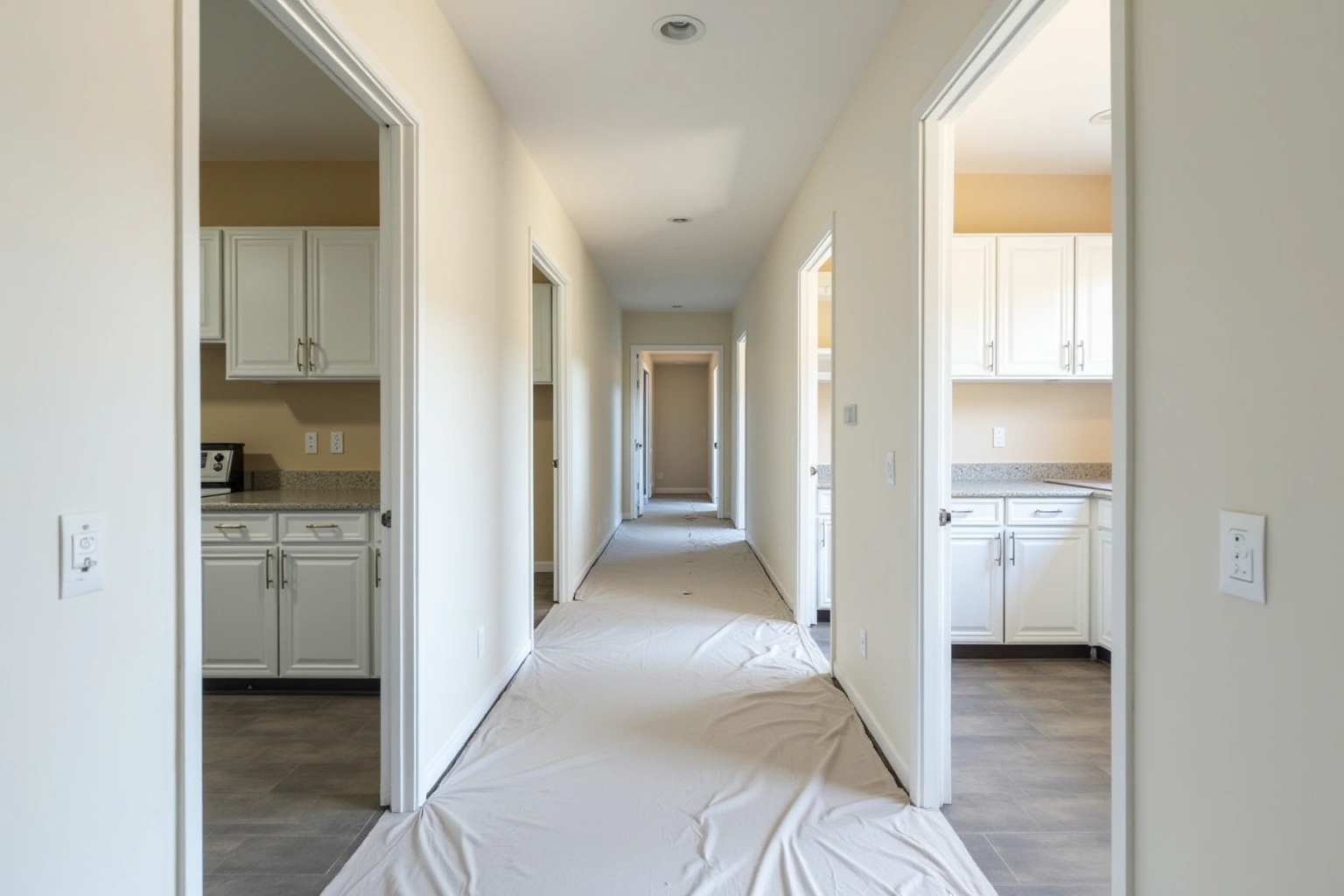 Hallway of a new apartment building with open doors showing matching white raised-panel kitchens over paper-protected floors.