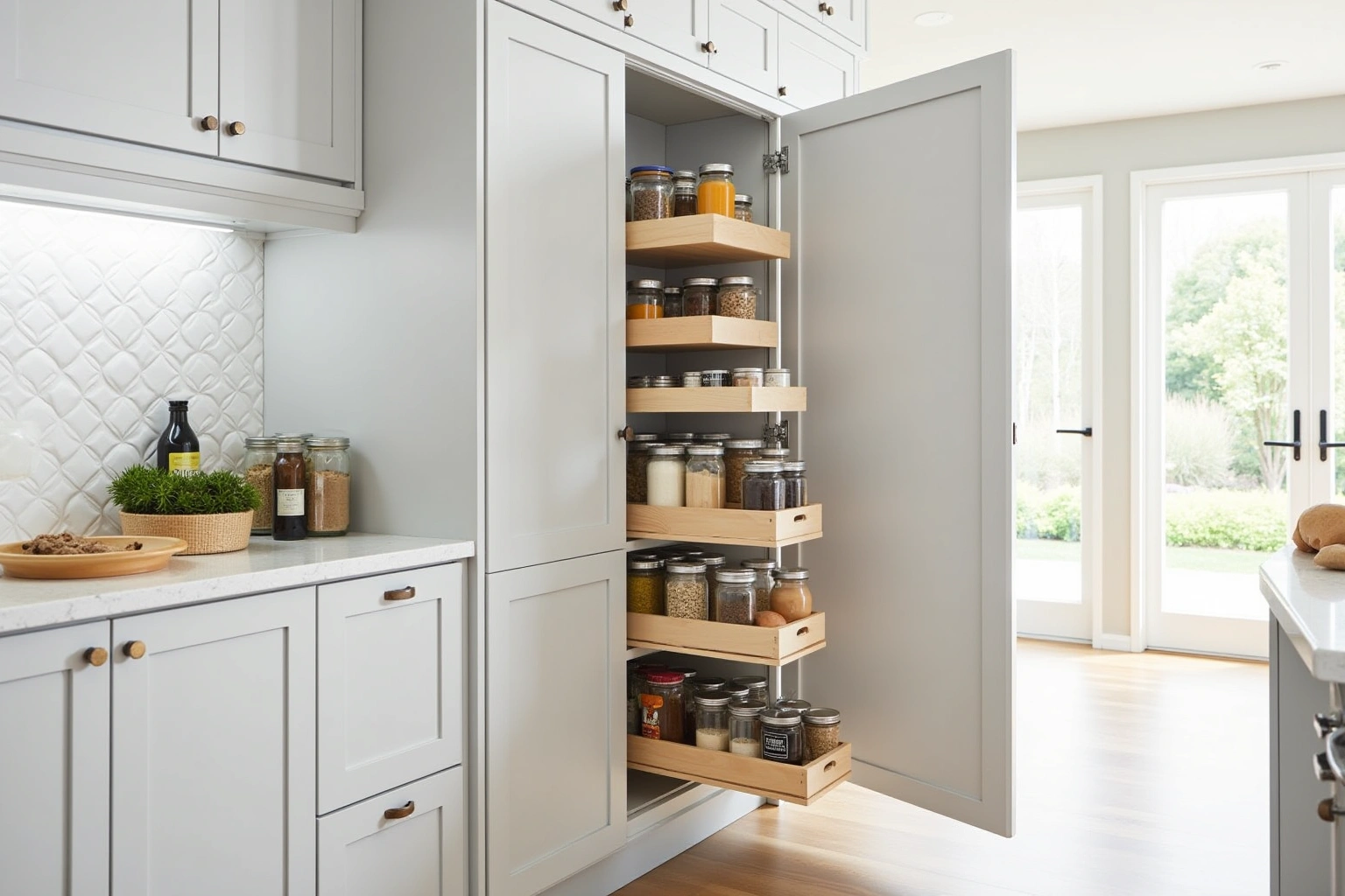 Tall grey pantry cabinet with its door open showing wood roll-out trays stacked with glass jars.