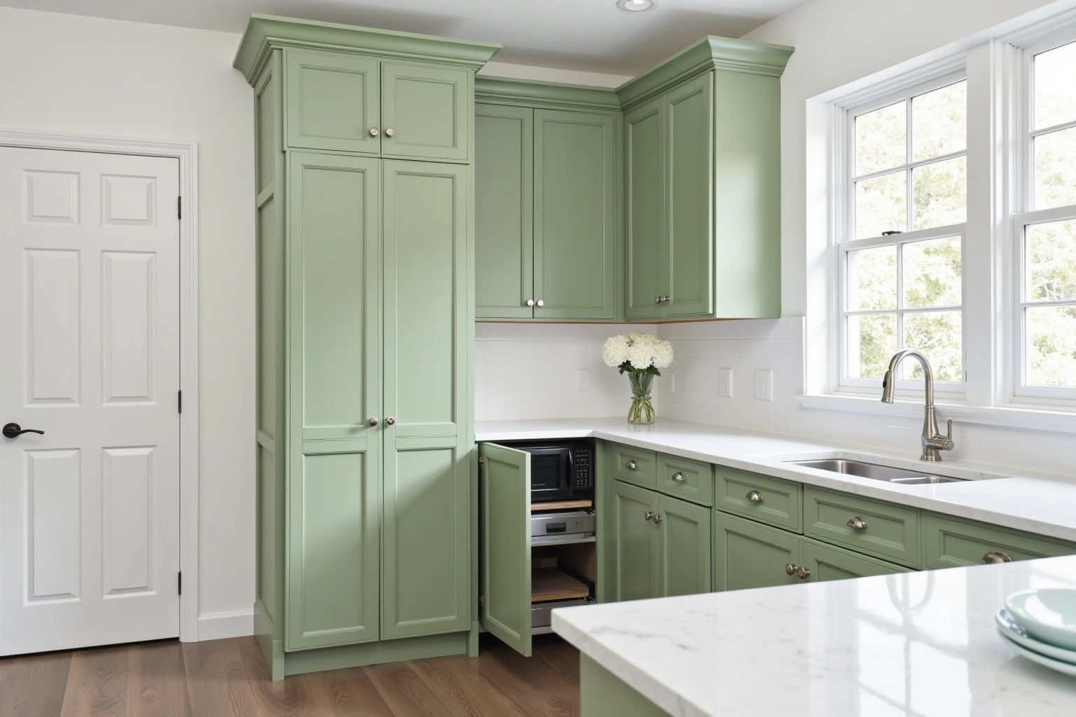 Sage green painted cabinets with a tall pantry, nickel knobs, white quartz counters and a window over the sink.