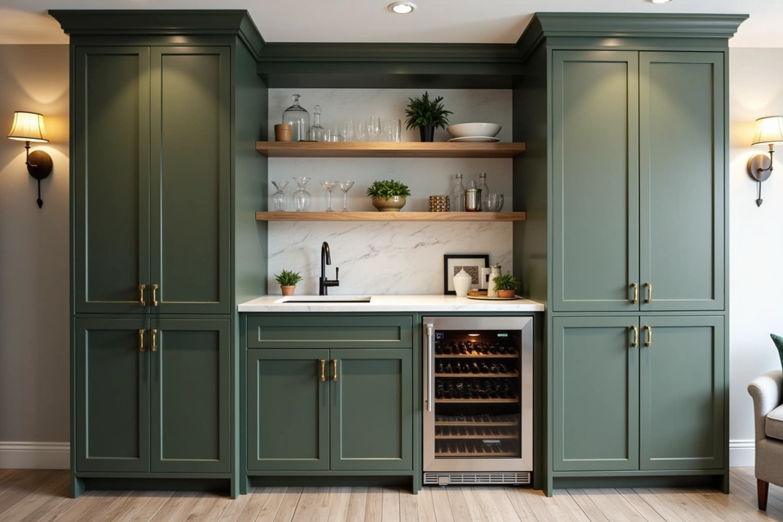 Dark green butler's pantry cabinets with brass pulls, wood open shelves, a marble backsplash and an undercounter beverage fridge.
