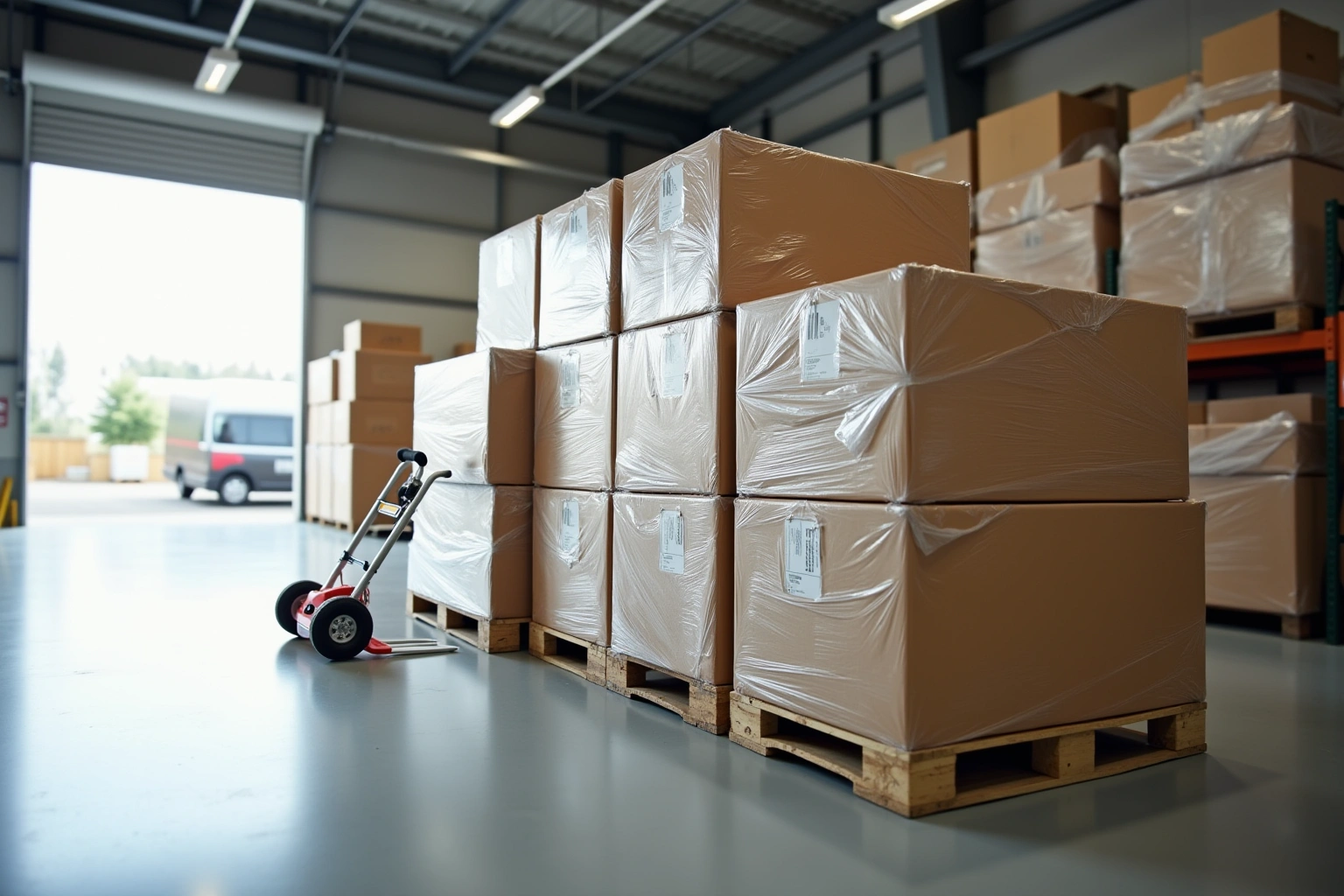 Shrink-wrapped cabinet boxes stacked on pallets on a warehouse floor beside a hand truck and an open loading door.
